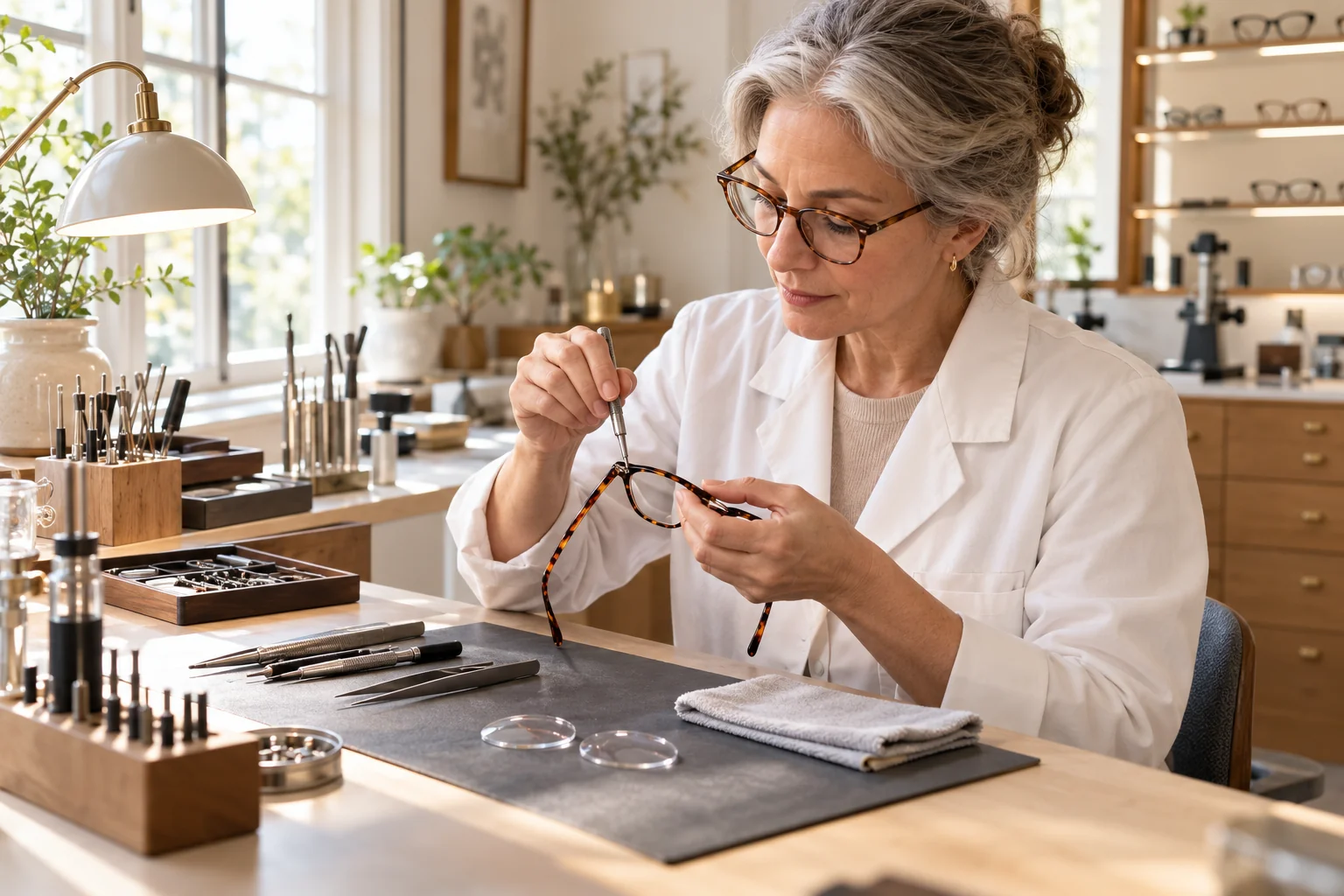 Illustrative optical technician examining a frame hinge