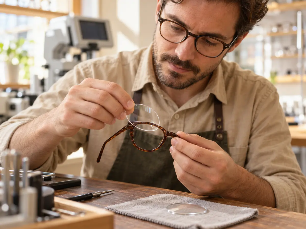Illustrative technician handling a clear lens and eyeglass frame